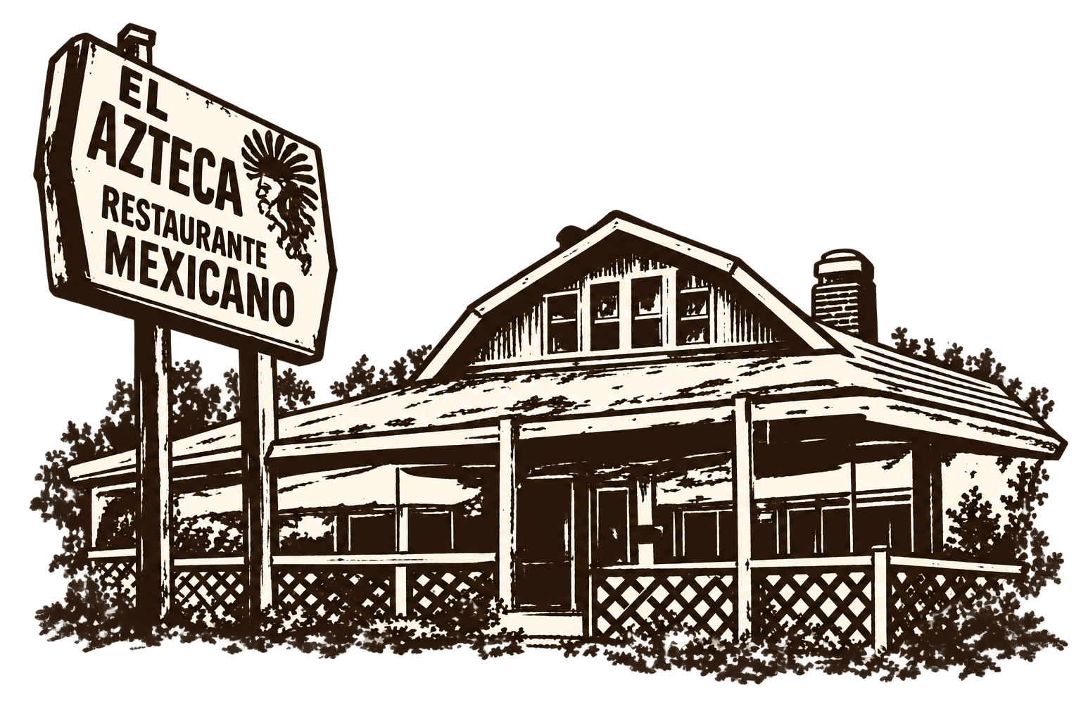 Illustration of the original El Azteca restaurant and roadside sign